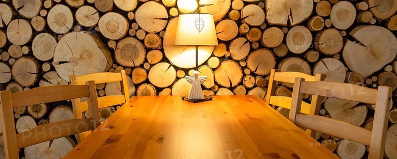 Christmas banner, living room interior table in wooden house, room decoration, lamp and angel figurine