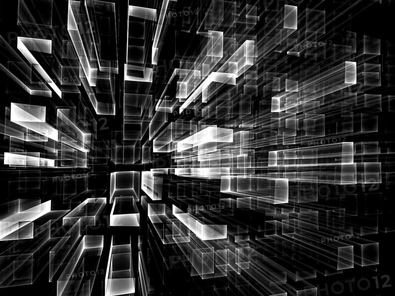 Abstract tecnology background - computer-generated 3d illustration. Fractal geometry: glass rectangles, stretching to the horizon. Industrial, technology or virtual reality concept