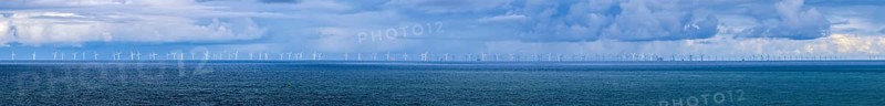 Panoramic photo offshore wind farm in the middle of the deep blue North Sea, photographed from Oberland, Helgoland, North Sea, Pinneberg district, Schleswig-Holstein, Germany, Europe