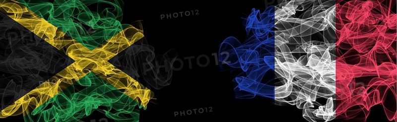 Flags of Jamaica and France on Black background, Jamaica vs France Smoke Flags