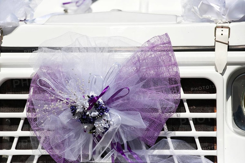 Detail with pink bowl of a French wedding car