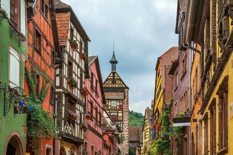 Main street with historical houses in Riquewihr, Alsace, France, Europe