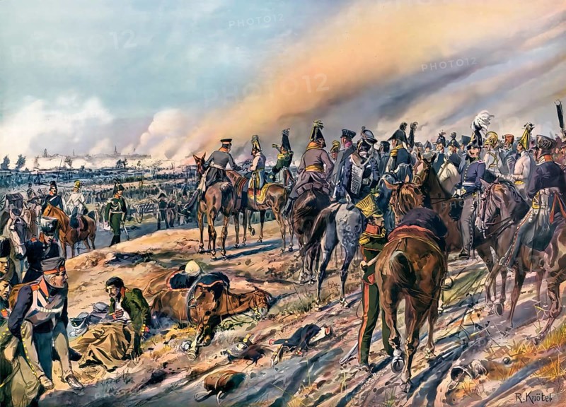 Karl Philipp, Fürst zu Schwarzenberg or Charles Philip, Prince of Schwarzenberg, and the allied princes on Monarch Hill on the evening of 18 October 1813, Battle of the Nations near Leipzig, German Wars of Liberation 1813-1815, Colour print after Richard Knötel, Karl Philipp Fürst zu Schwarzenberg und die verbündeten Fürsten auf dem Monarchenhügel am Abend des 18. Oktober 1813, Völkerschlacht bei Leipzig, Befreiungskriege 1813-1815, Farbdruck nach Richard Knötel