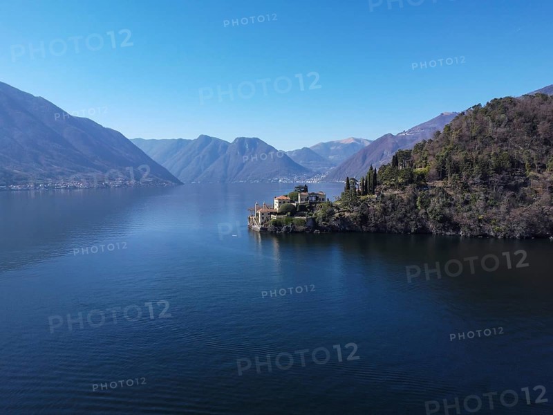 Aerial view of Villa Balbianello peninsula on Lake Como