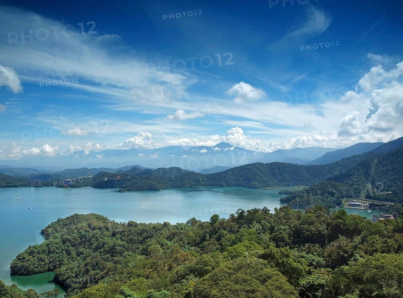 A view of the beautiful Sun Moon Lake in Taiwan with the Central Mountains in the back