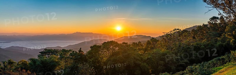 Tropical forest nature landscape with mountain range sunrise with moving cloud mist, Chiang Mai Thailand panorama