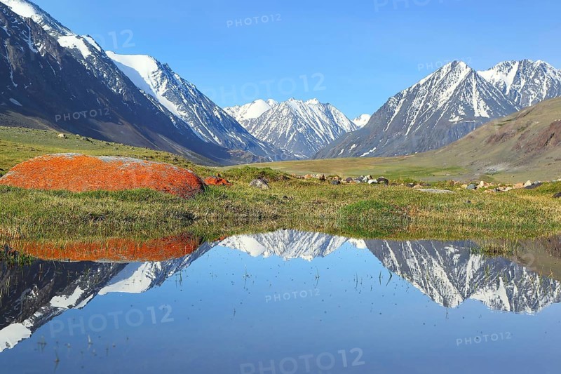 Mountain landscape with lake in Altay, Russia, Europe