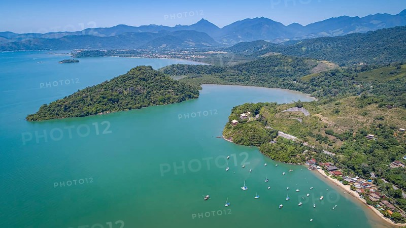 Panoramic aerial view of the coast near Tarituba with wonderful bays, islands, green mountains and beaches, Green coast, Brazil, South America