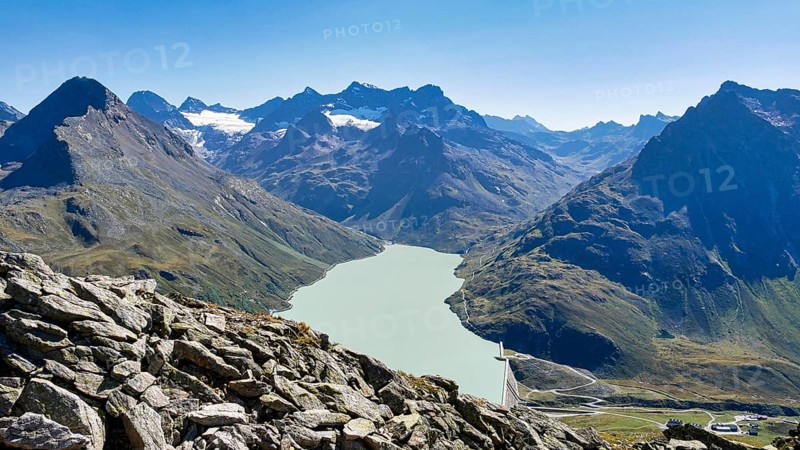 Mountain panorama at the Silvretta reservoir with Hohem Rad, Piz Buin and many other mountain peaks
