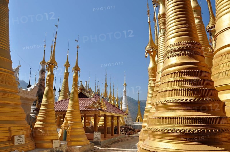 Pagoda field at inle lake, burma