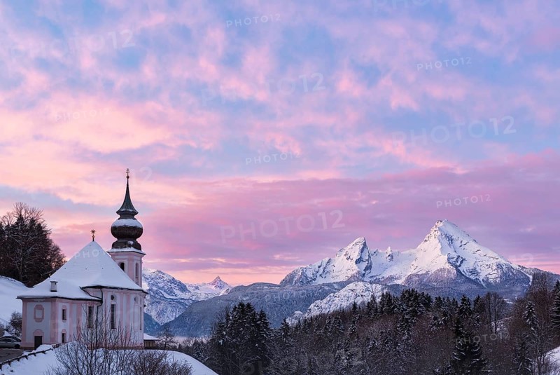 Watzmann at sunset with church, Bavaria, Berchtesgaden, Germany Alps