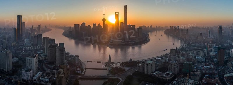 Panoramic Aerial View of Shanghai Skyline at Sunrise. Lujiazui Financial District. China