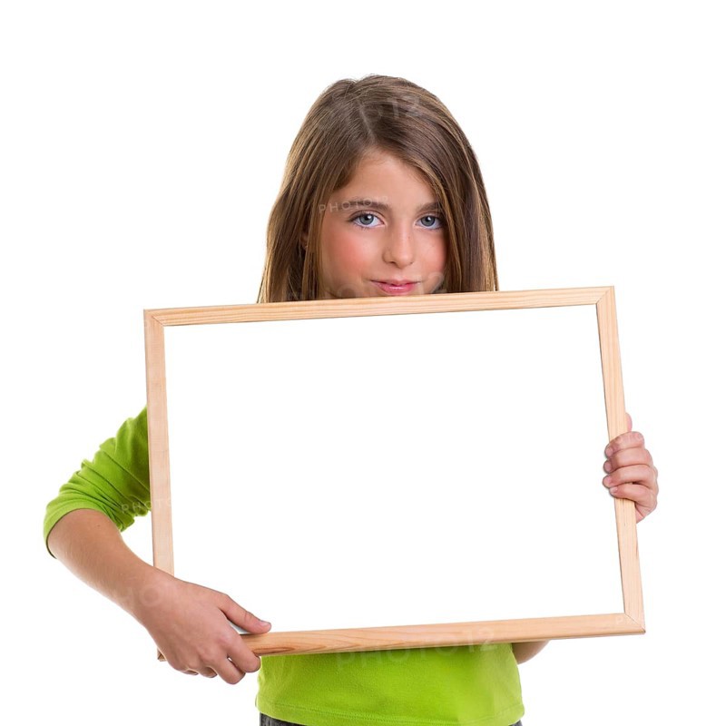 Child girl with white frame copy space white blackboard blue eyes to camera