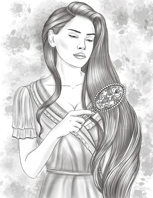 Woman In Gown Standing Greyscale Line Drawing Combing Beautiful Hair