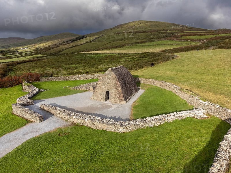 Gallarus Oratory aerial view (Séipéilín Ghallarais), early Christian church, Dingle Peninsula, County Kerry, Ireland, United Kingdom, Europe