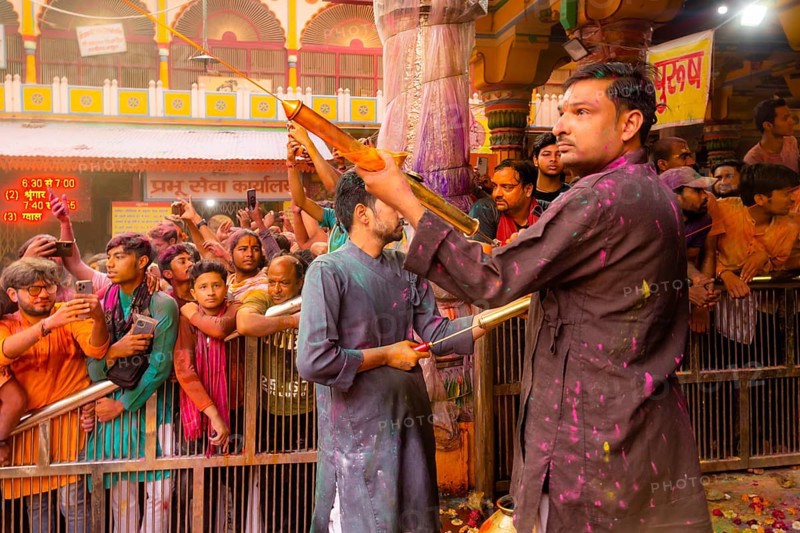 Holi Festival of Colors in Shri Krishna Temple in Mathura, India, Asia