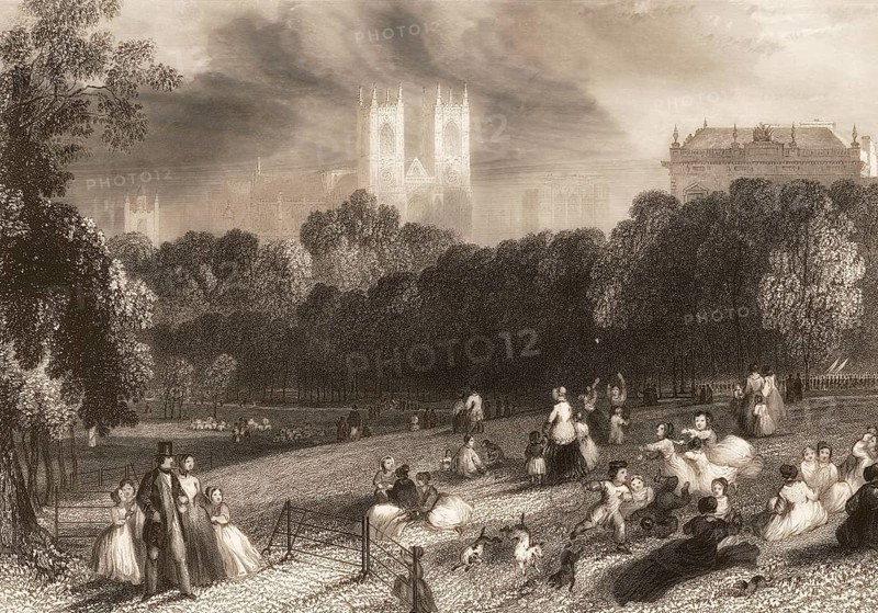 St James's Park, Buckingham Palace, Westminster Abbey, London, England, after Thomas Harvey, ca. 1800