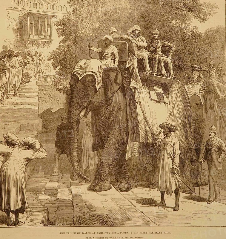 Lithographs The Prince of Wales at Parbutty Hill, Poonah His first Elephant Ride, Pune, Maharashtra, India, Asia