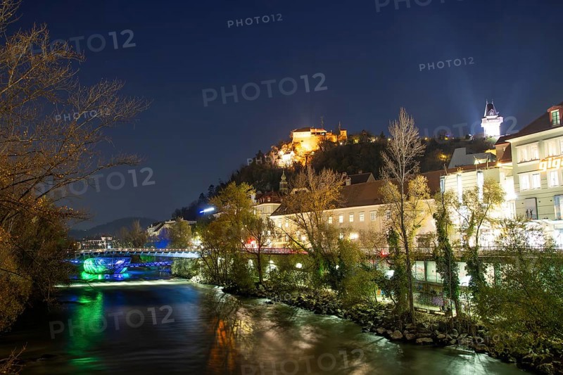 Murinsel and Schlossberg with clock tower, night shot, Graz, Styria, Austria, Europe