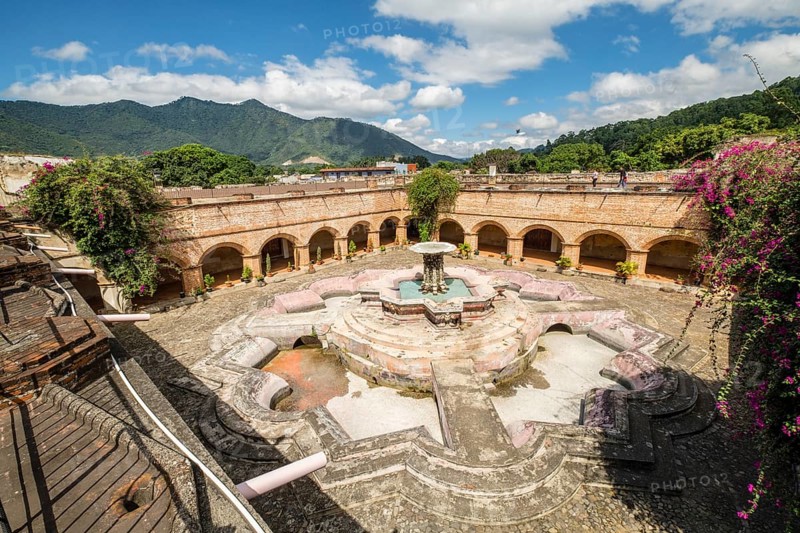 Fish fountain in the Mercedarian convent, church of La Merced, Antigua Guatemala, department of Sacatepéquez, Republic of Guatemala, Central America
