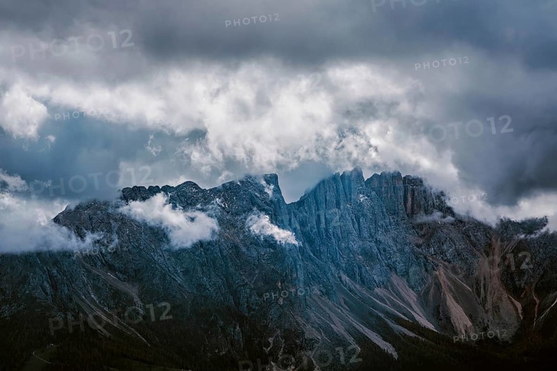 Panoramic view of the Rosengarten group, mountains in the Dolomites in Italy