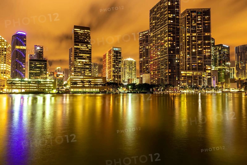 Night light view of Miami downtown buildings in Florida