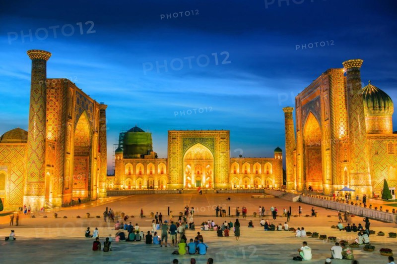 SAMARKAND, UZBEKISTAN - MAY 8, 2019: Registan, an old public square in the heart of the ancient city of Samarkand, Uzbekistan, Asia