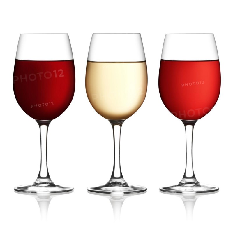 Glass of red, pink and white wine on a white background and with soft shadow. The file includes a clipping path