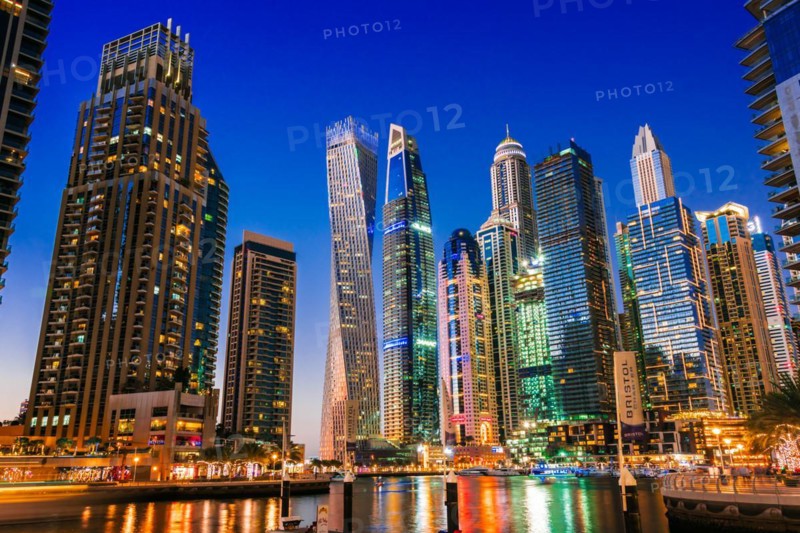 DUBAI, UNITED ARAB EMIRATES - FEB 5, 2019: Modern residential architecture of Dubai Marina, United Arab Emirates. City skyline by night