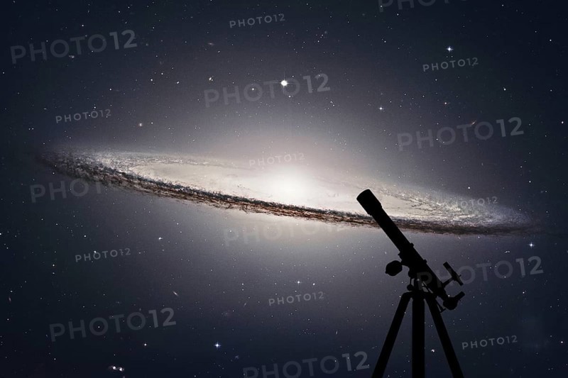 Space background with silhouette of telescope. Sombrero Galaxy M104 in constellation Virgo. Elements of this image are furnished by NASA