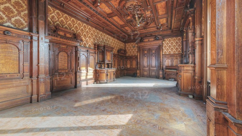 Historic interior with elaborate wood panelling and ceiling carvings, Villa Woodstock, Lost Place, Brill, Wuppertal, North Rhine-Westphalia, Germany, Europe