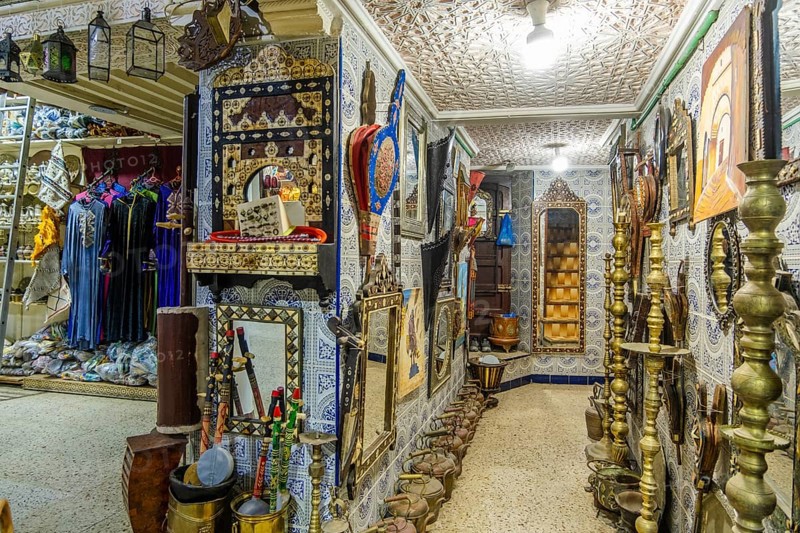 Marketplace in historic medina, full of souvenirs, leather bags, metal pieces, Tetouan, Morocco, North Africa, Africa