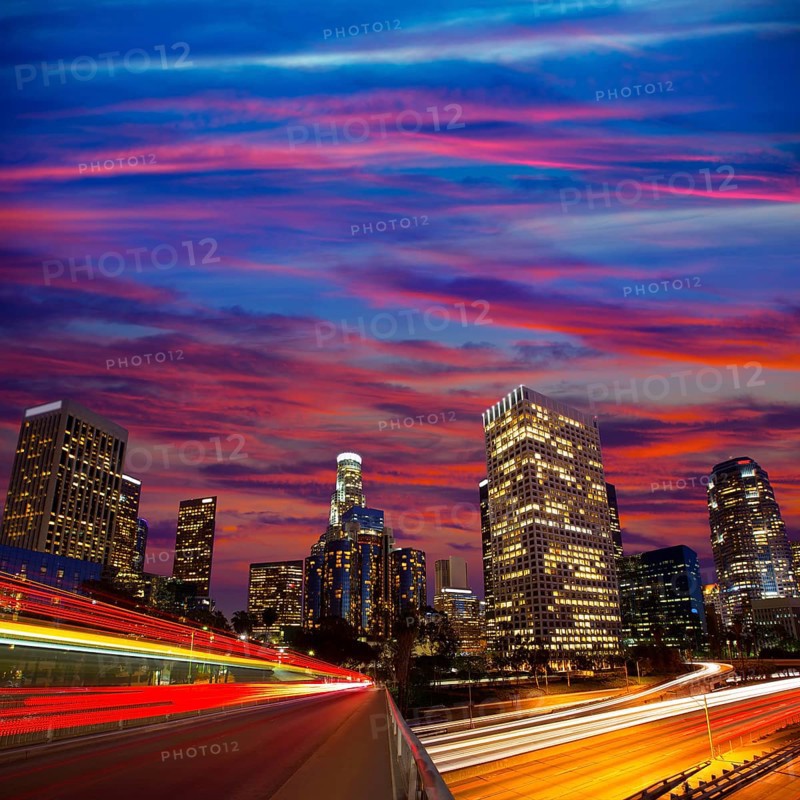 Downtown LA night Los Angeles sunset skyline California from 110 freeway