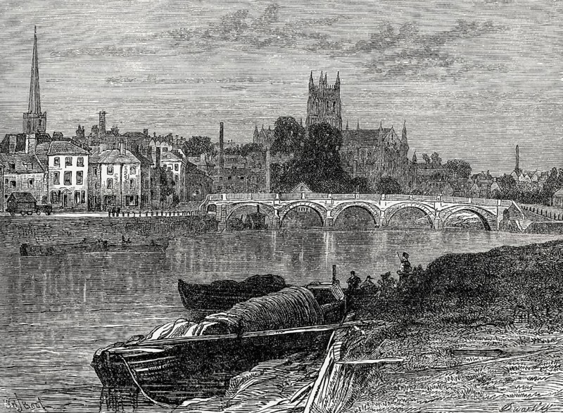 Cityscape of Worcester, Worcestershire, England, 19th century, From British Battles on Land and Sea, by James Grant