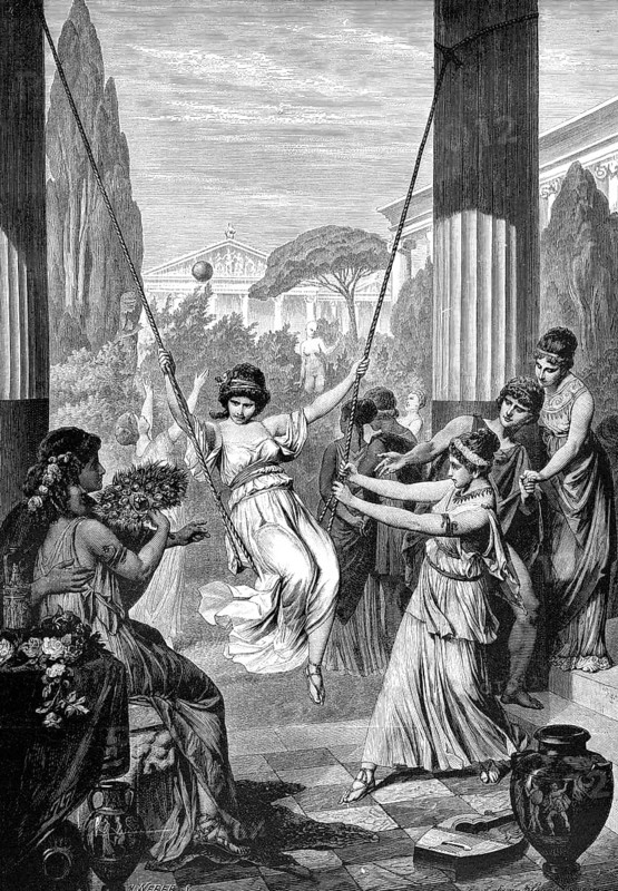 Girls playing with a children swing, Greek Allegory, ancient Greece