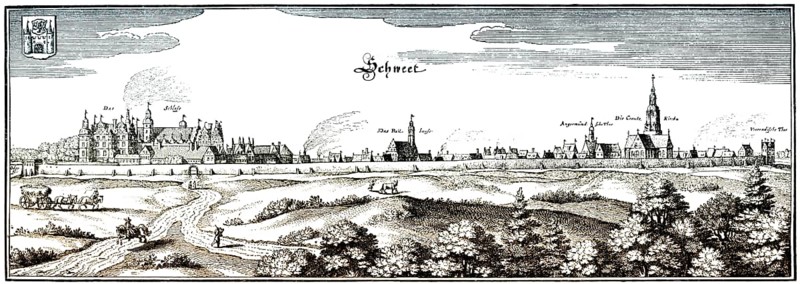 Panoramic view Schwedt / Oder, 17th century, Uckermark, Brandenburg, Germany, Europe, Historische Zeichnung, Stadtansicht von Schwedt / Oder, Uckermark, Brandenburg, Deutschland, im 17. Jahrhundert, Europe
