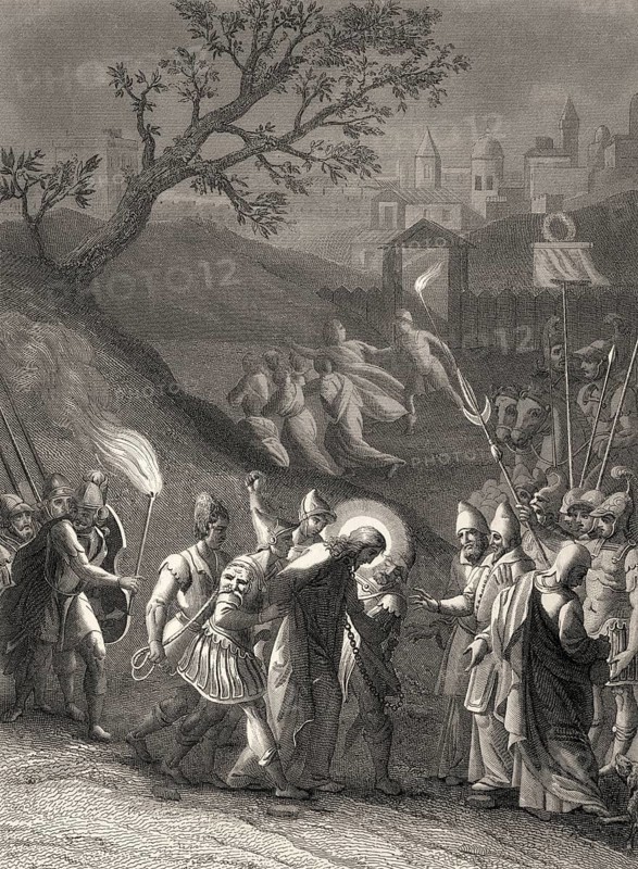 The arrest of Jesus Christ, Garden of Gethsemane, New Testament, steel engraving 1853, digitally restored