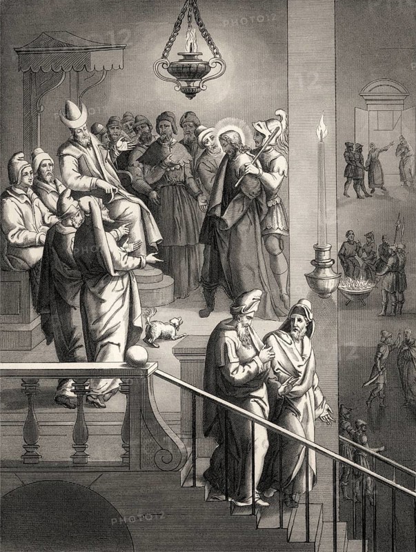 Jesus before Caiaphas, Peter again denies Christ, New Testament, steel engraving 1853, digitally restored