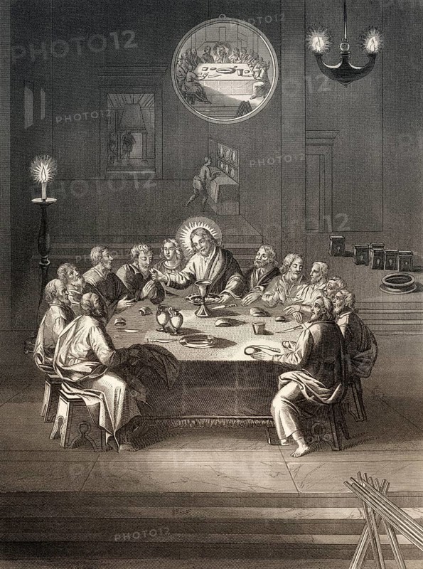 Institution of the Holy Sacrament, New Testament, steel engraving 1853, digitally restored