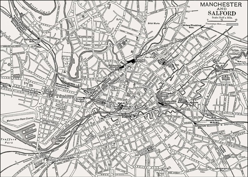 Map of Manchester and Salford, England, UK, 19th century