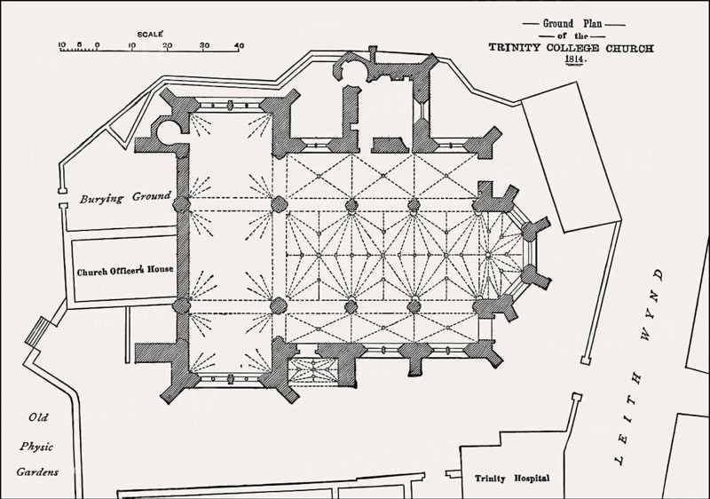 Plan of the Trinity College Kirk, a royal collegiate church demolished in 1848, Edinburgh, Scotland, 1814