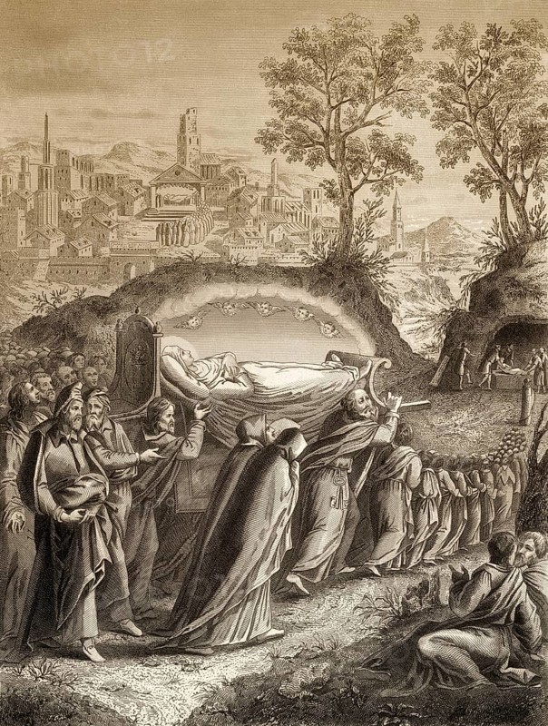 Burial of the Virgin Mary, Steel engraving 1853, digitally restored
