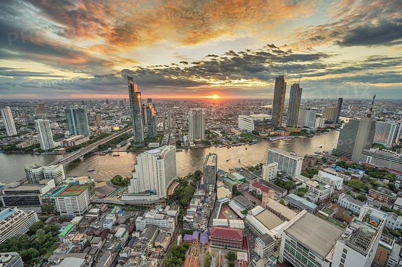 Bangkok Thailand, sunset city skyline at Chao Phraya River and Icon Siam