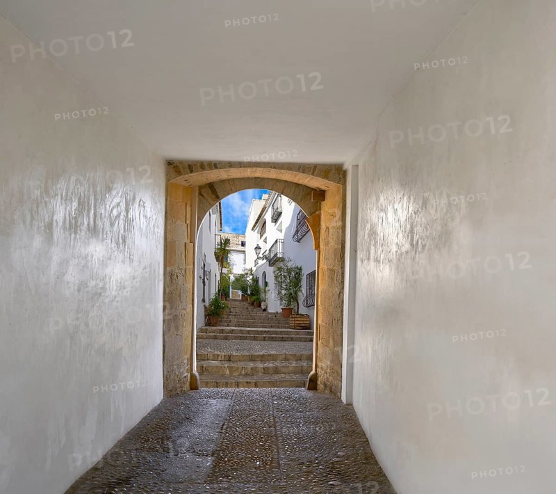 Altea photo illustration arch and village in Alicante at Mediterranean Spain