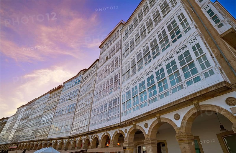 La Coruna facades near Port in Galicia of Spain