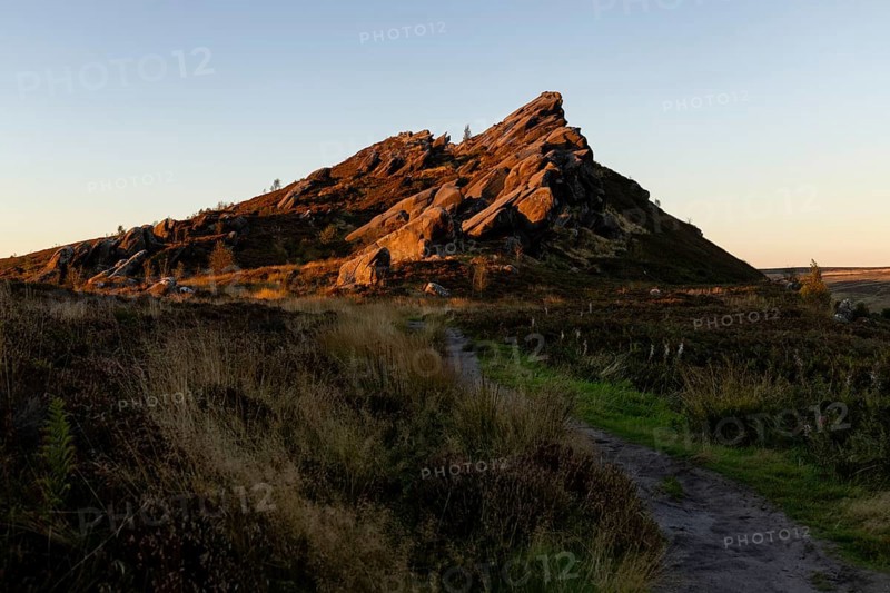 Sunset at Ramshaw Rocks, rocky outcrop, Leek, Staffordshire, England, Great Britain