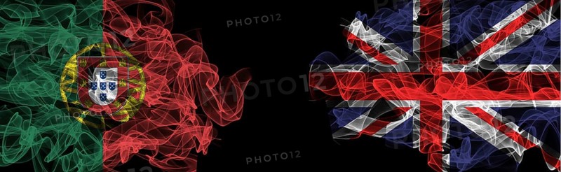 Flags of Portugal and United Kingdom on Black background, Portugal vs United Kingdom Smoke Flags