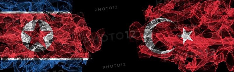 Flags of North Korea and Turkey on Black background, North Korea vs Turkey Smoke Flags