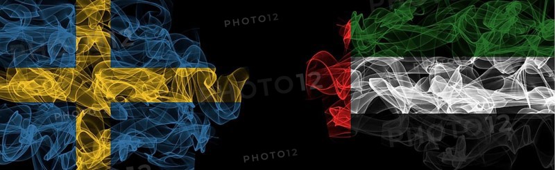 Flags of Sweden and UAE on Black background, Sweden vs United Arab Emirates Smoke Flags