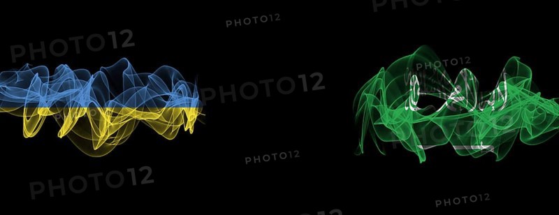 Flags of Ukraine and Saudi Arabia on Black background, Ukraine vs Saudi Arabia Smoke Flags